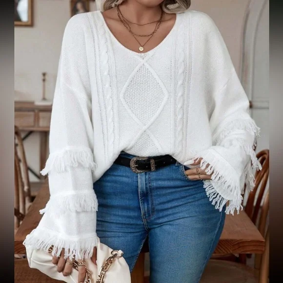 Plus size cozy fringe detail cable knit sweater top